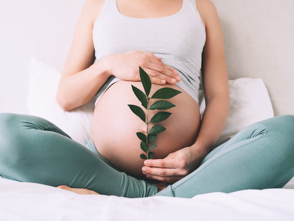 woman holding a leaf over her baby bump