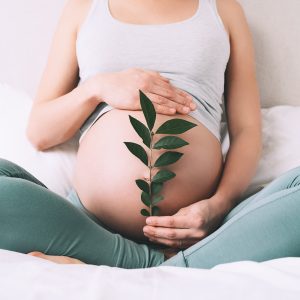 woman holding a leaf over her baby bump